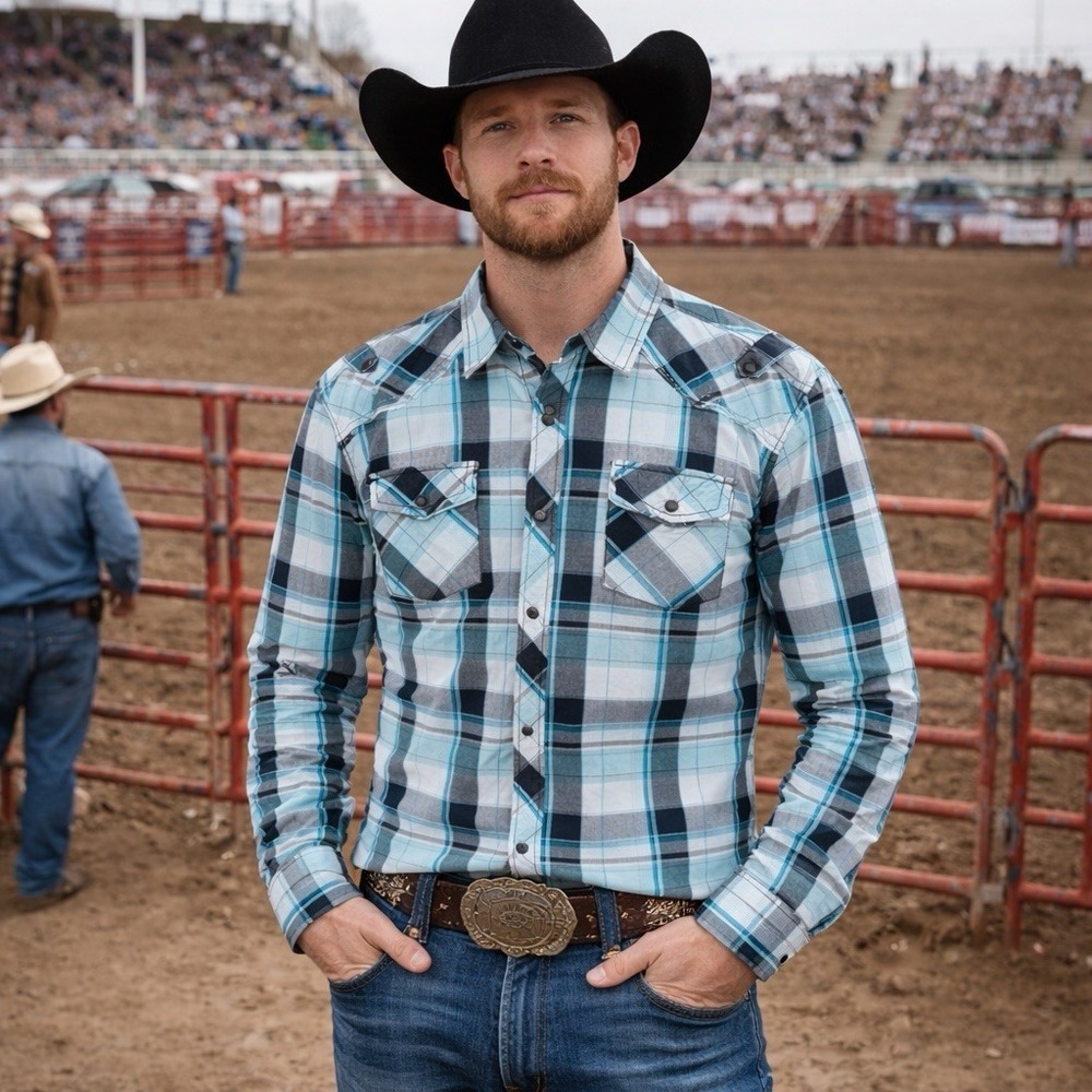 Buckle BKE Blue Plaid Button Down Long‎ Sleeve Western Rodeo Country XL